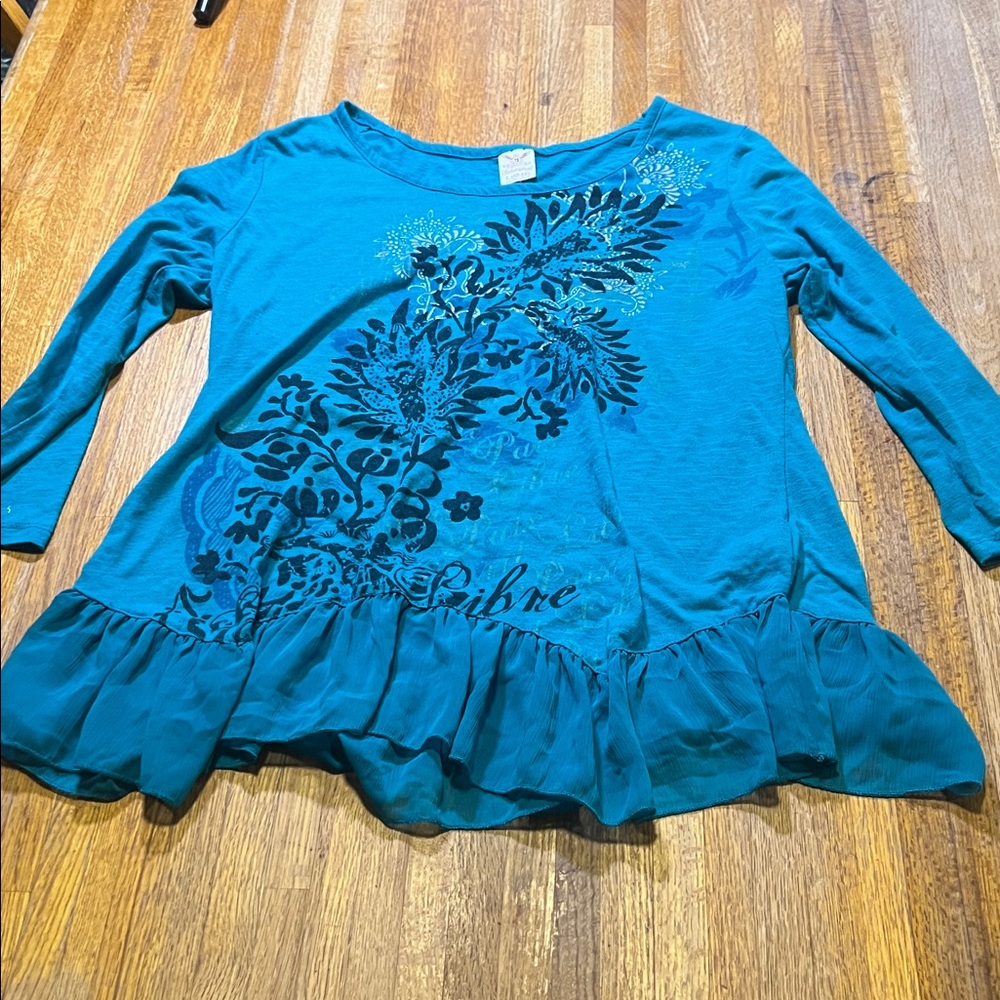 Faded Glory Women Large Teal Long Sleeve Ruffle Hem Floral Round Neck Blouse
